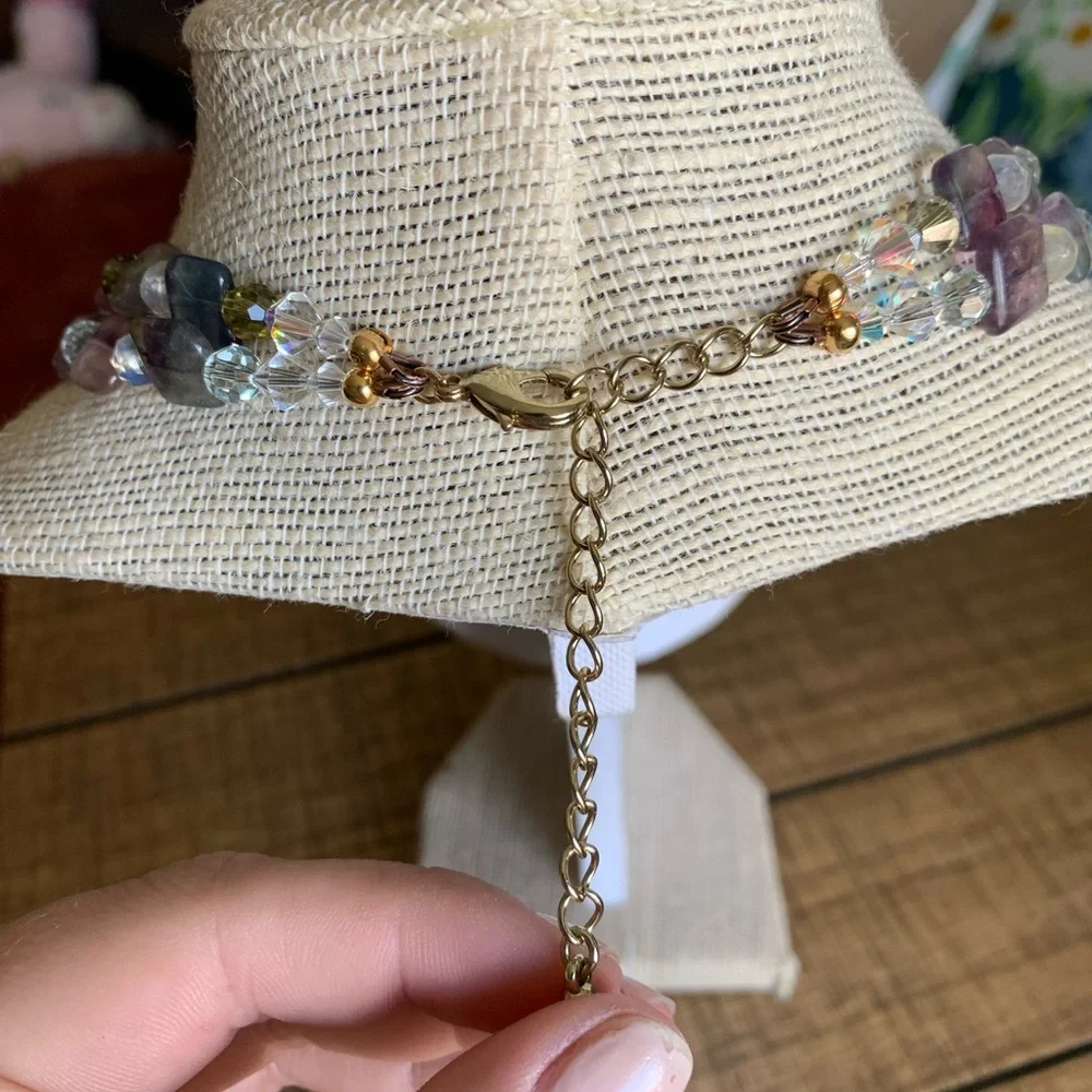 Handmade geode, amethyst, fluorite, & Swarovski crystal double strand necklace - Picture 6 of 8